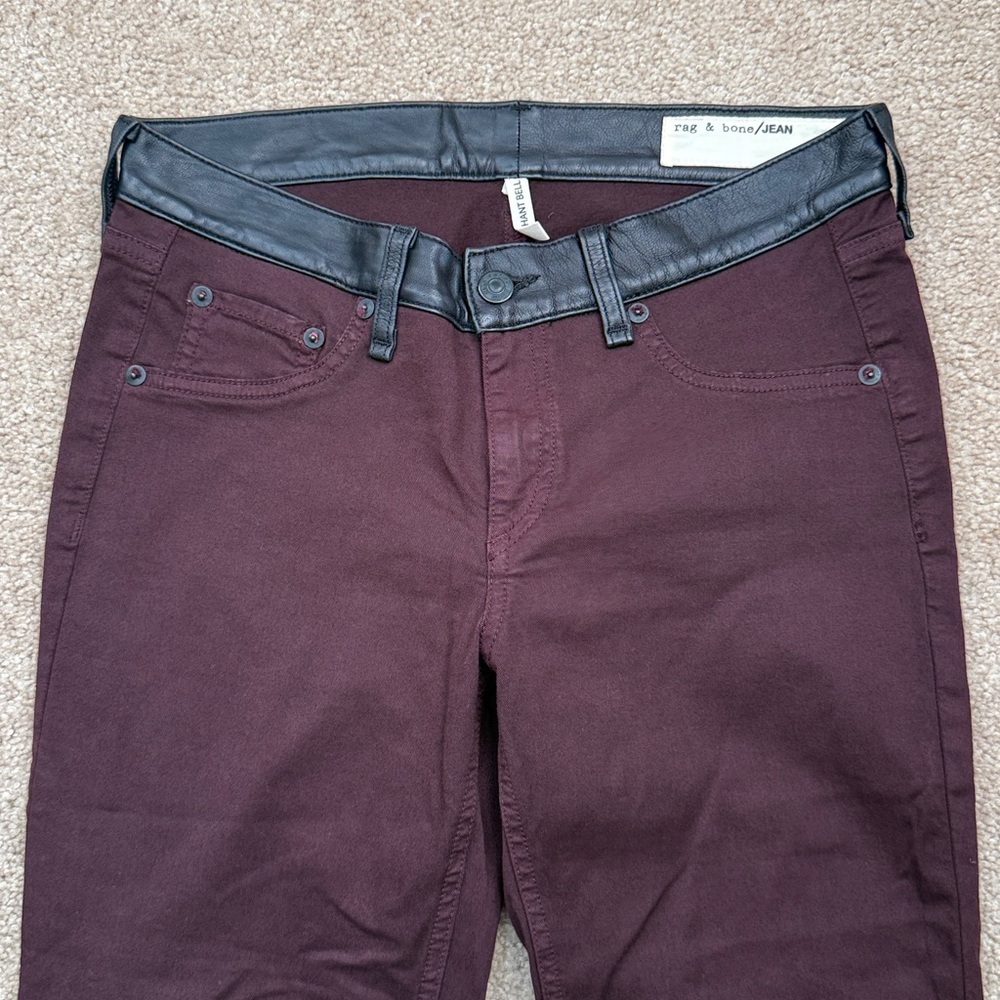 Rag & Bone Elephant Bell Leg Wine Burgundy Wash with Leather Trim Jeans Size 26 - Picture 2 of 7